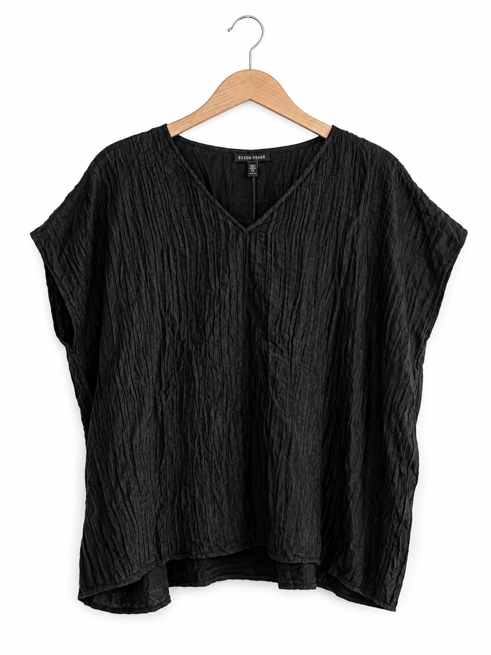 Eileen Fisher 95% Silk Crinkled Boxy V-Neck Top Black Size S